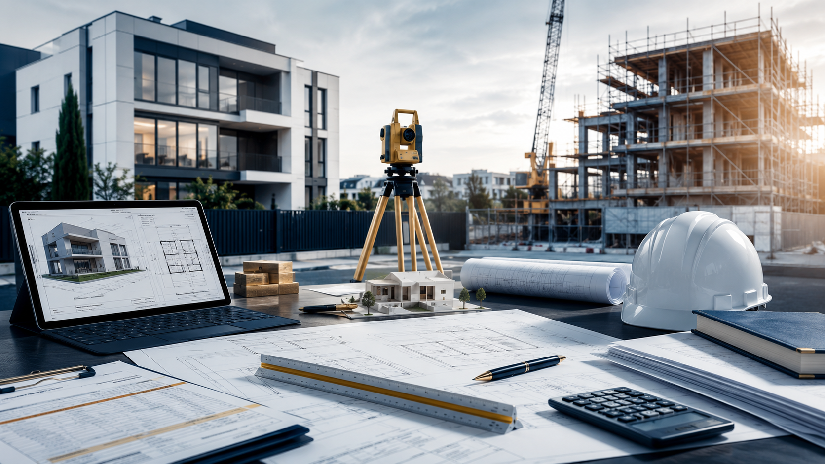 Postazione tecnica di progettazione con rilievi, cantiere, disegni e strumenti professionali